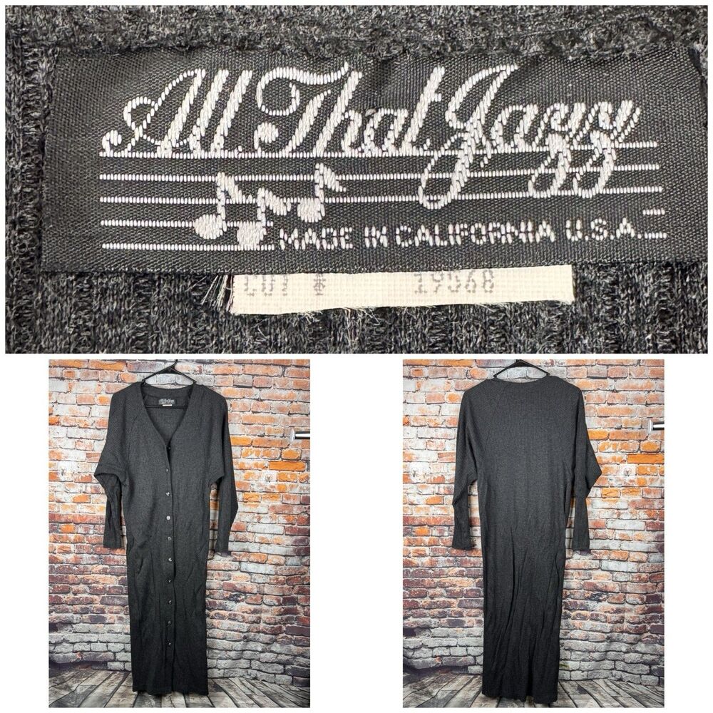Vintage All That Jazz 90s Midi Dress Gray Ribbed Knit Button Front V-Neck Large